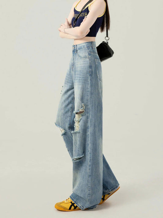 Quần Jeans Rách Thời Trang Màu Xanh Nhạt Dành Cho Nữ Hot 2025 Ống Đứng Cạp Cao Ôm Dáng ED45