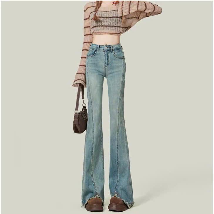 Quần jeans ống loe cạp cao dành cho nữ, thiết kế xẻ thân tua rua gấu cá tính ED10