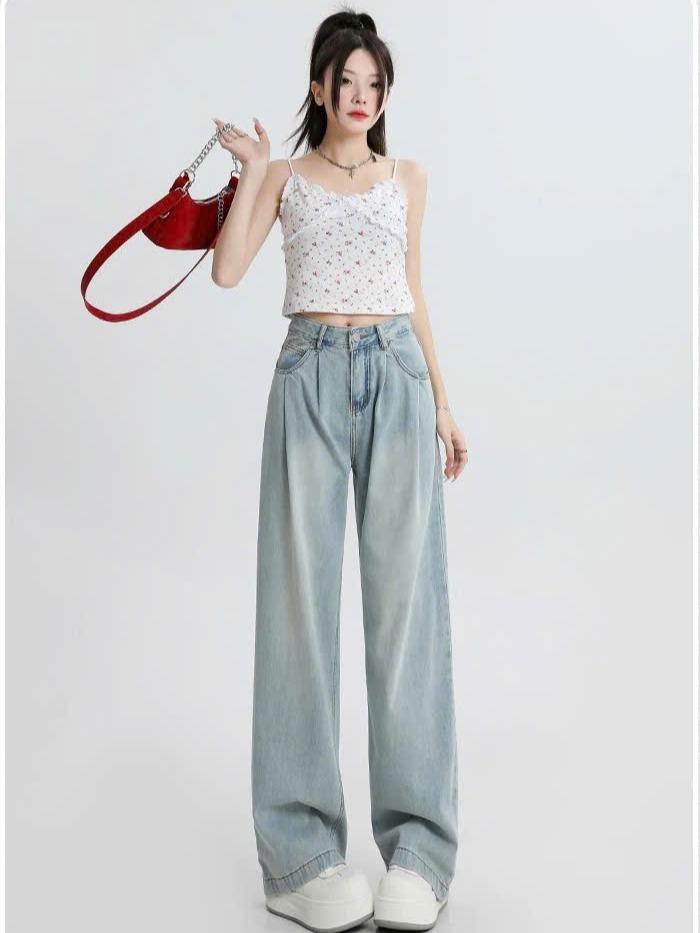Quần Jeans nữ dáng suông ống rộng xếp ly cạp cao kiểu dáng retro ED08