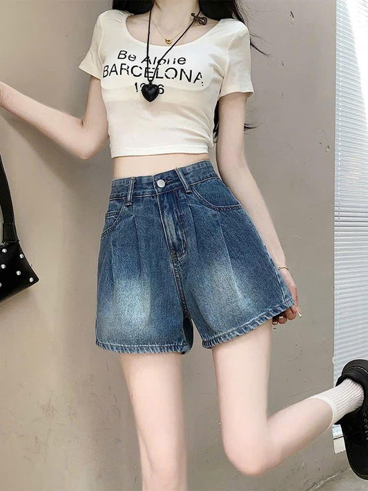 Quần short jeans lưng cao thiết kế xếp ly và thời trang dành cho nữ mùa hè ED11