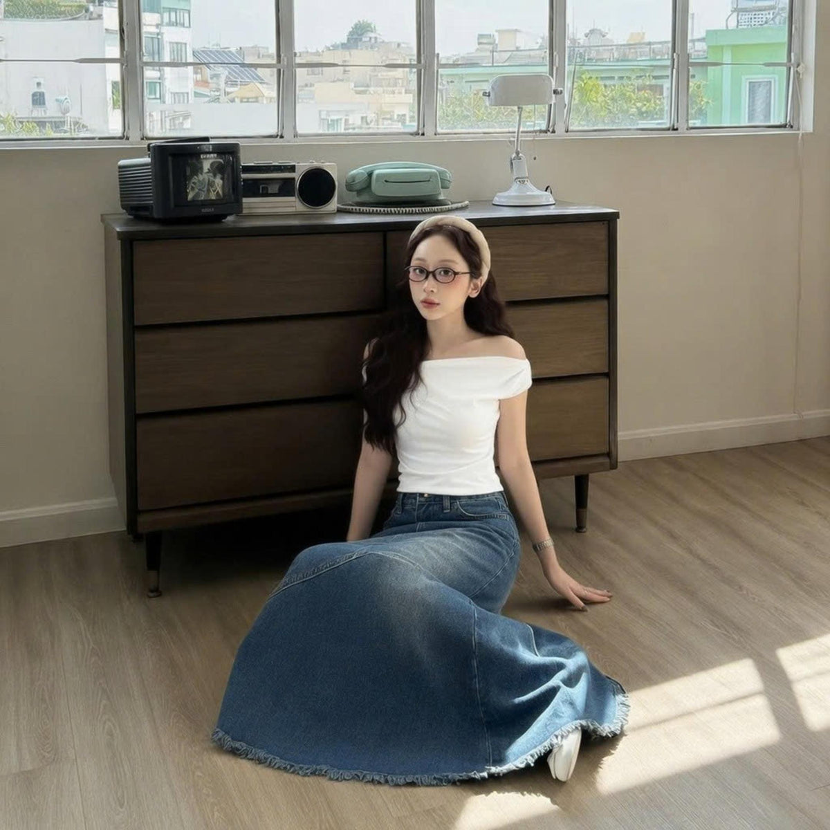 Chân Váy Jean Dáng Dài Cạp Cao Chữ A Xẻ Sau ED02 Phong Cách Thời Trang Nữ