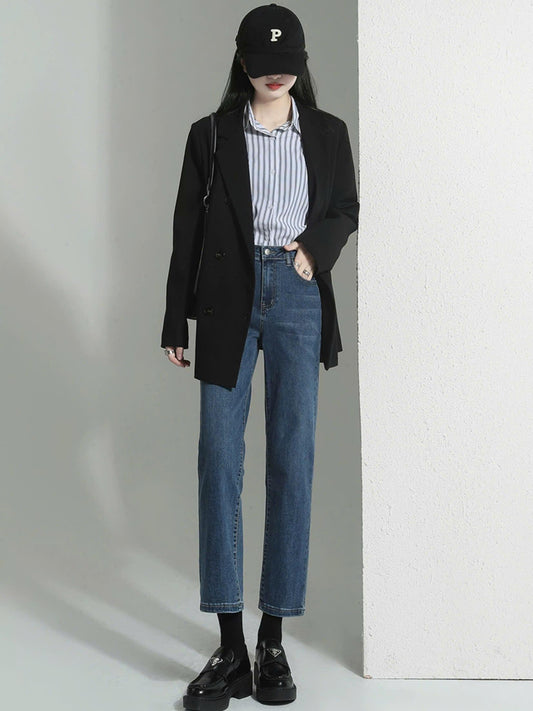 Quần Jeans Lửng Co Giãn ED37 Quần Denim Cạp Cao Ống Đứng Phong Cách Hiện Đại Cho Nữ