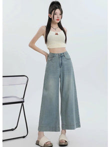 Quần Jeans Nữ Suông Nấm Cạp Cao Ống Rộng Phong Cách Nấm Lùn Cho Nữ ED49