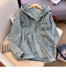 Áo khoác Jeans Denim nữ có mũ tay dài, áo jeans khoác ngoài dáng rộng phong cách ED30