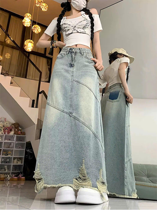 Chân váy Jean rách gấu cạp cao dáng chữ A xẻ tà sau dành cho nữ ED51