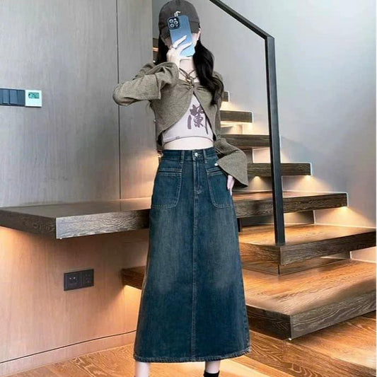Chân Váy Jean Dáng Dài Túi Trước Phong Cách ED05 cho Nữ