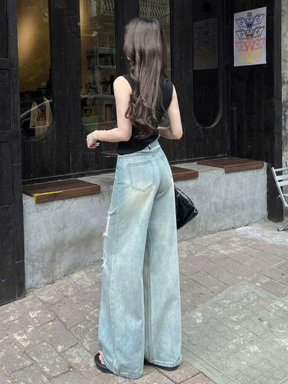 Quần Jean Ống Suông Cạp Cao Rách Gối Thời Trang Phong Cách Hiện Đại Cho Nữ ED22