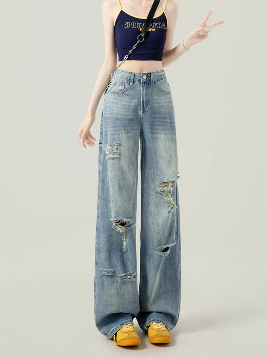 Quần Jeans Rách Thời Trang Màu Xanh Nhạt Dành Cho Nữ Hot 2025 Ống Đứng Cạp Cao Ôm Dáng ED45