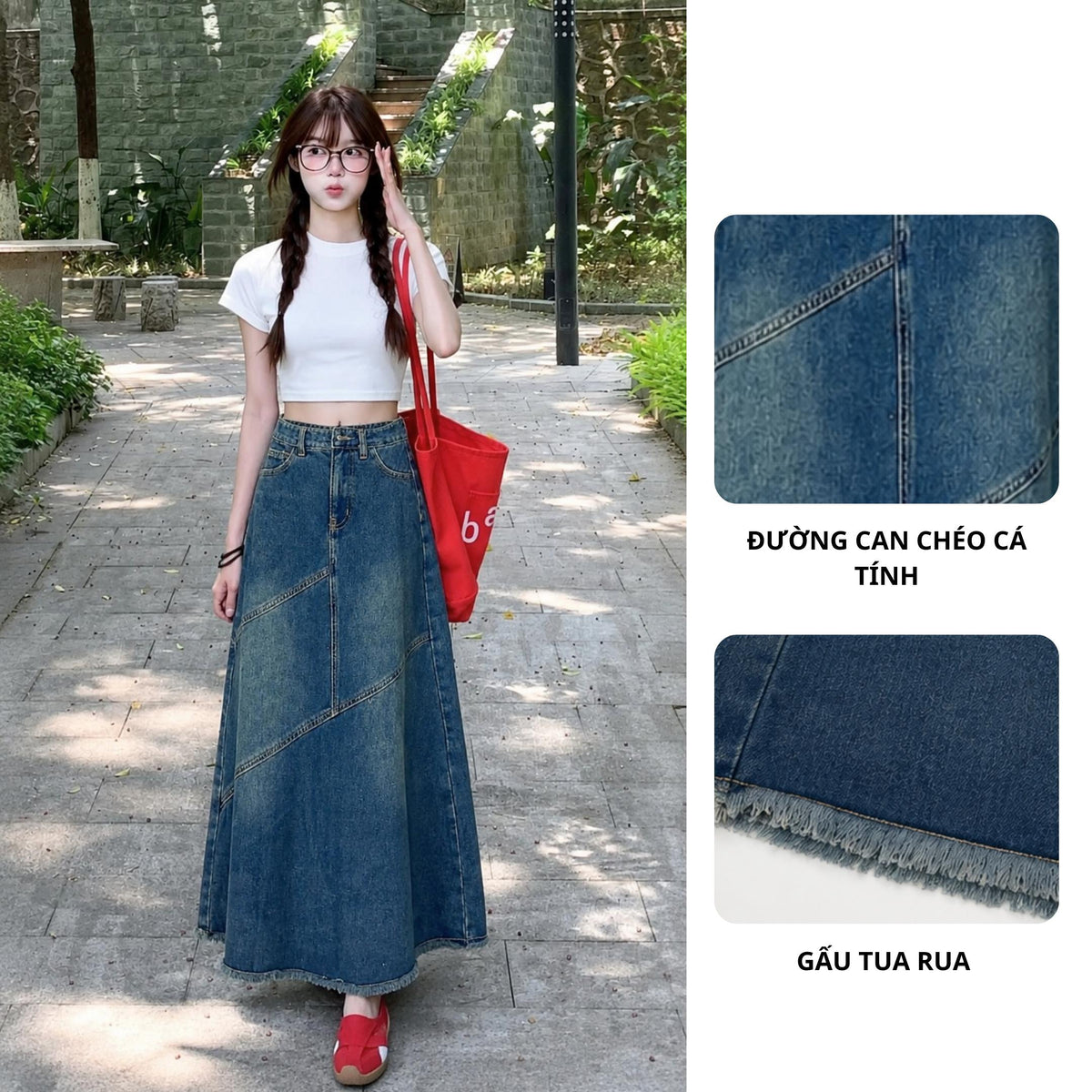 Chân Váy Jean Dáng Dài Cạp Cao Chữ A Xẻ Sau ED02 Phong Cách Thời Trang Nữ