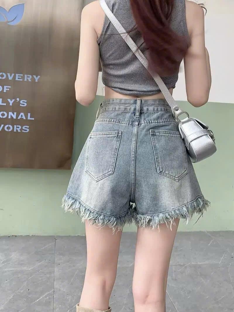 Quần short denim rách tua rua dành cho nữ, quần short jean thiết kế độc đáo cạp cao dáng chữ A ED06