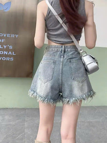 Quần short denim rách tua rua dành cho nữ, quần short jean thiết kế độc đáo cạp cao dáng chữ A ED06