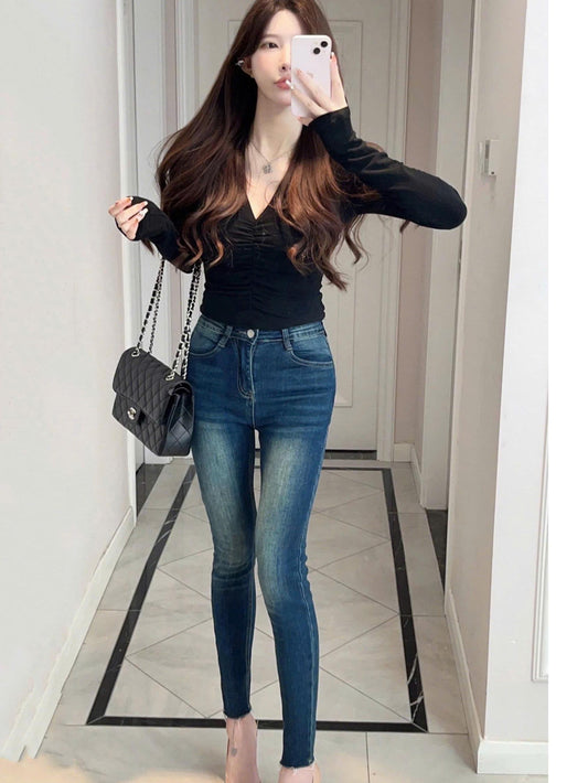 Quần jeans co giãn ôm sát body,quần denim lưng cao phong cách hàn quốc ED36
