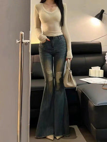 Quần Jeans nữ ống loe rách gối thời trang phong cách trẻ trung năng động ED48