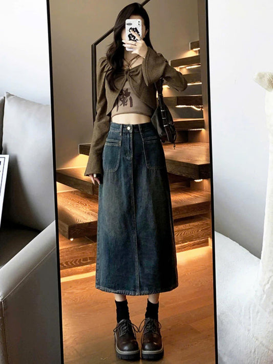 Chân Váy Jean Dáng Dài Túi Trước Phong Cách ED05 cho Nữ
