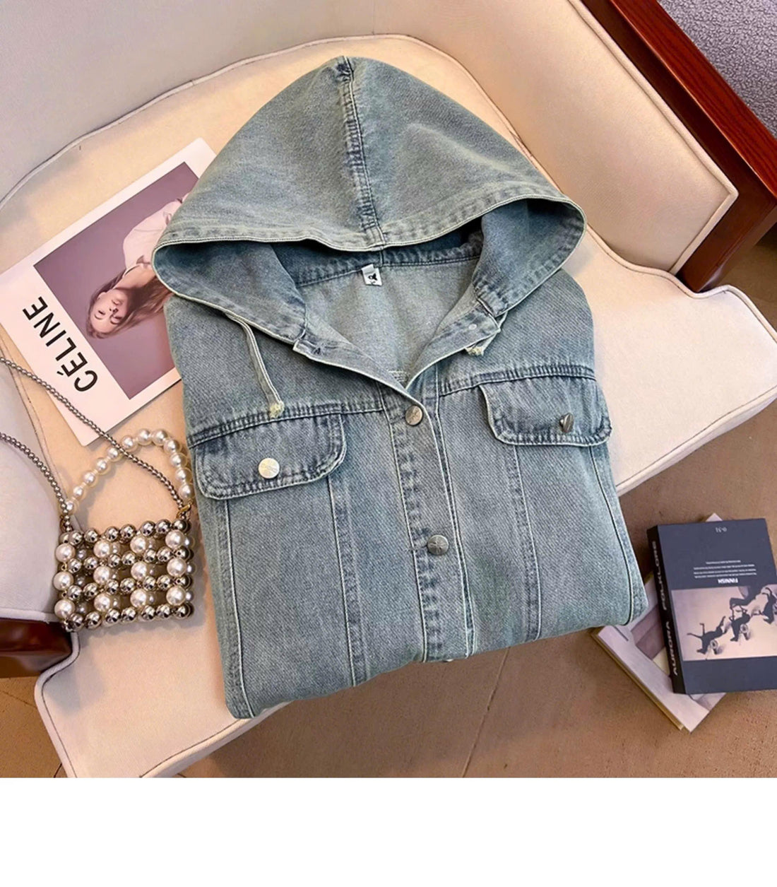 Áo khoác Jeans Denim nữ có mũ tay dài, áo jeans khoác ngoài dáng rộng phong cách ED30