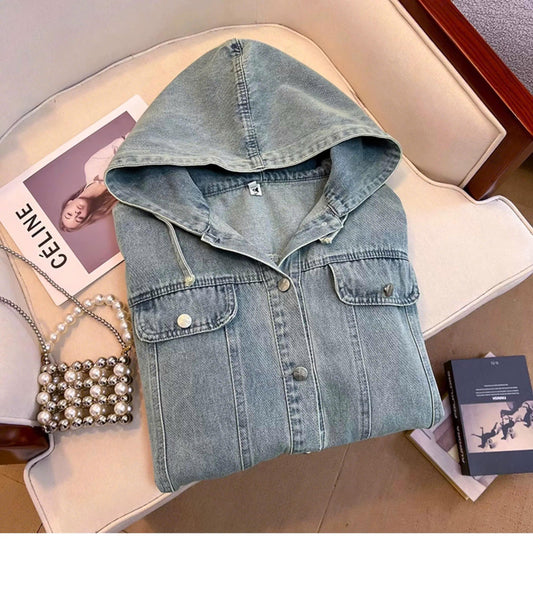 Áo khoác Jeans Denim nữ có mũ tay dài, áo jeans khoác ngoài dáng rộng phong cách ED30