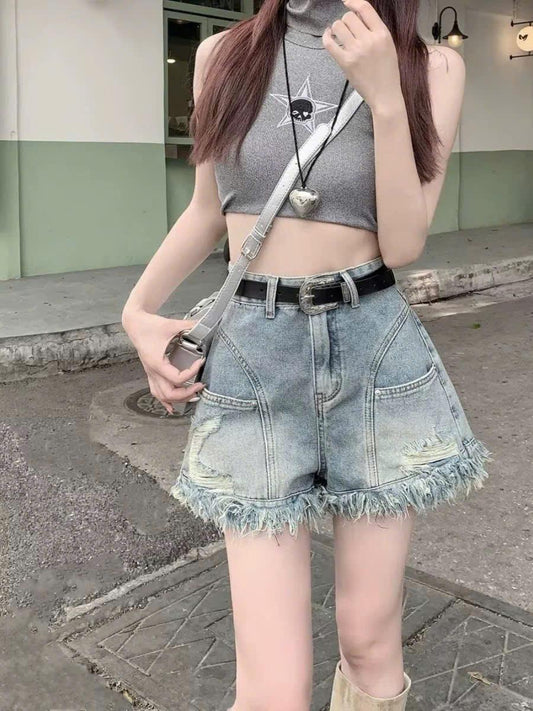 Quần short denim rách tua rua dành cho nữ, quần short jean thiết kế độc đáo cạp cao dáng chữ A ED06