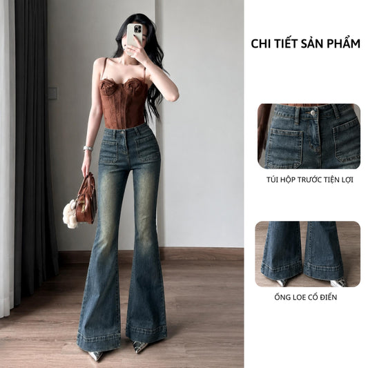 Quần Jean Nữ Cạp Cao Ống Loe Rộng 2 Túi Trước Dáng Ôm Vừa Vặn Quyến Rũ ED32 Phong Cách Sang Trọng