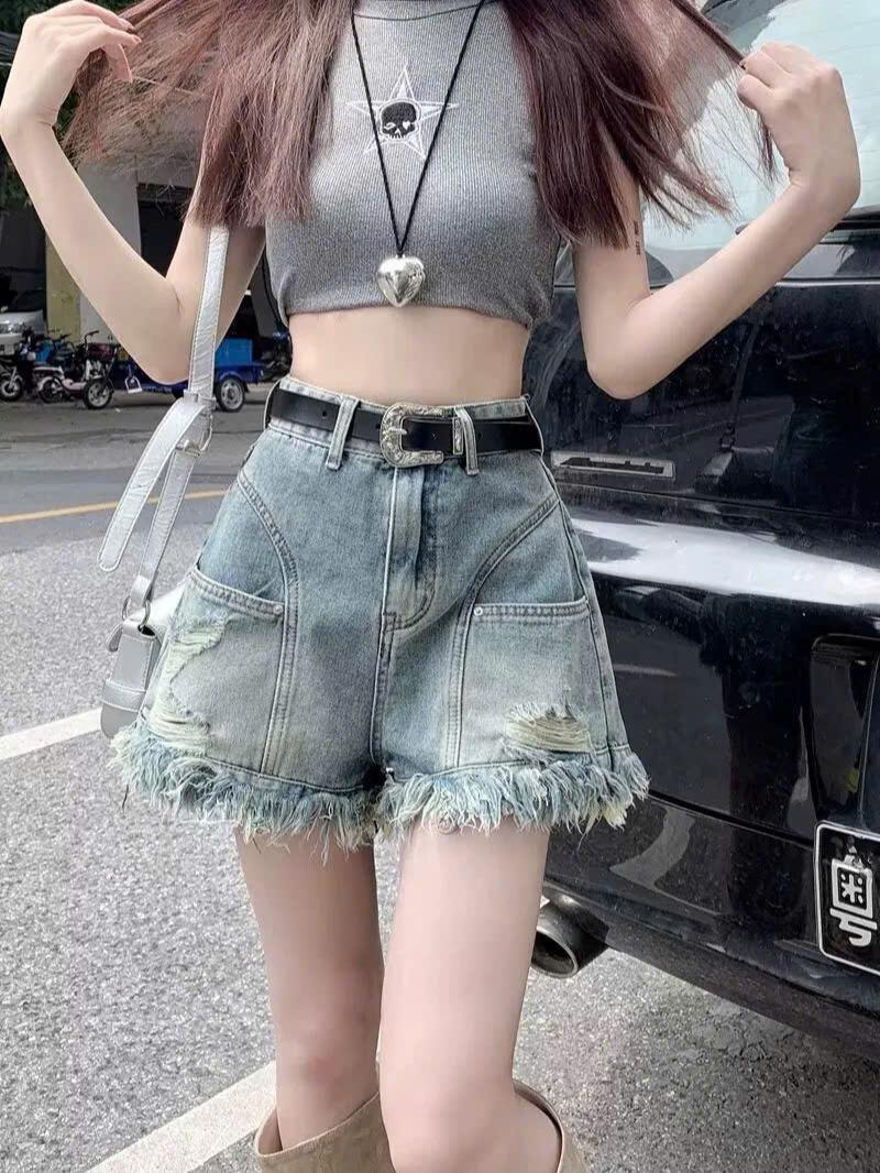Quần short denim rách tua rua dành cho nữ, quần short jean thiết kế độc đáo cạp cao dáng chữ A ED06