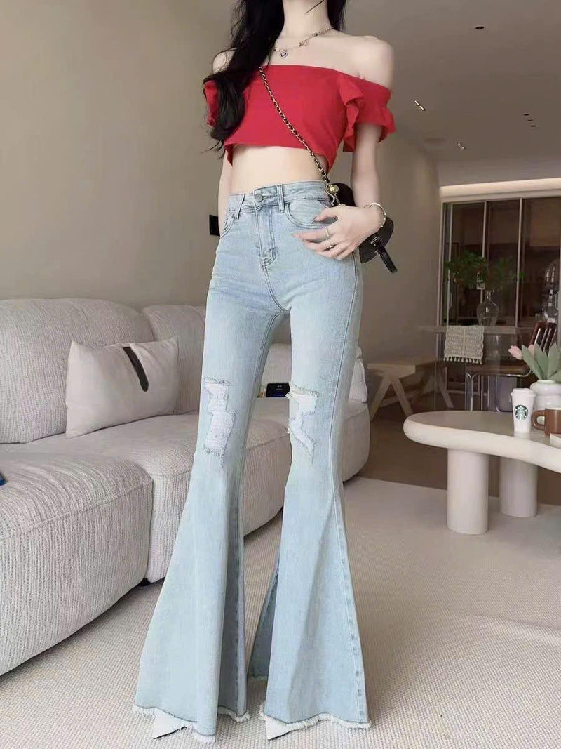 Quần Jeans nữ ống loe rách gối thời trang phong cách trẻ trung năng động ED48