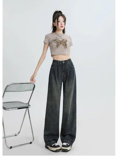 Quần Jeans nữ dáng suông ống rộng xếp ly cạp cao kiểu dáng retro ED08