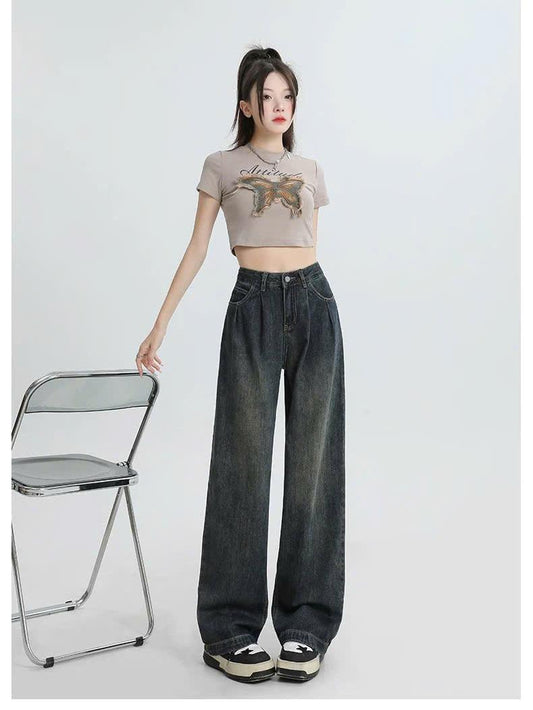 Quần Jeans nữ dáng suông ống rộng xếp ly cạp cao kiểu dáng retro ED08