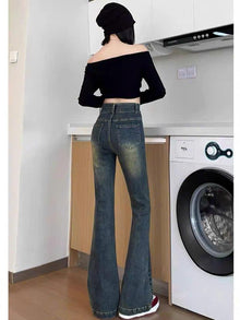 Quần Jean Nữ Ống Loe Cạp Cao 2 Khuy Túi Dán Trước Cách Điệu Phong Cách ED44