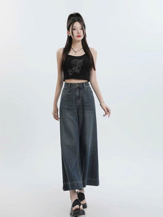 Quần Jeans Nữ Suông Nấm Cạp Cao Ống Rộng Phong Cách Nấm Lùn Cho Nữ ED49