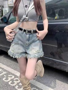 Quần short denim rách tua rua dành cho nữ, quần short jean thiết kế độc đáo cạp cao dáng chữ A ED06