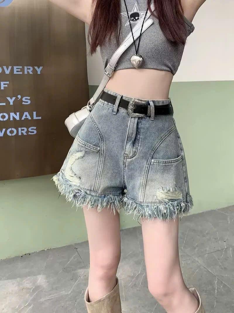 Quần short denim rách tua rua dành cho nữ, quần short jean thiết kế độc đáo cạp cao dáng chữ A ED06