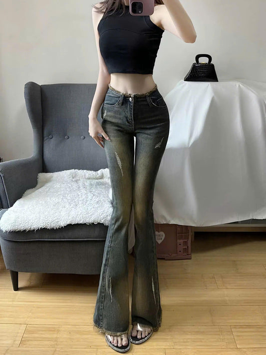 Quần Jean Nữ Ống Loe Tua Gấu Tua Cạp Co Giãn ED25 Phong Cách Độc Đáo Cho Nữ