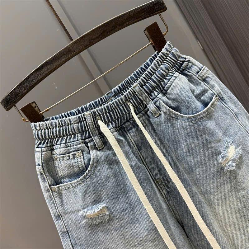 Quần jean ngố nữ cạp chun dây rút rách thời trang ED18