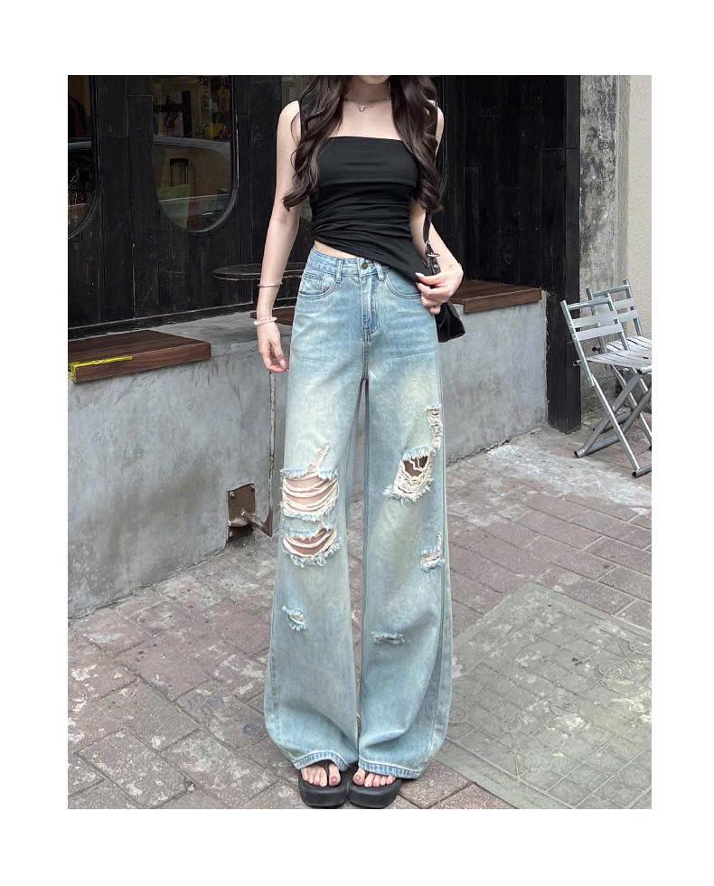 Quần Jean Ống Suông Cạp Cao Rách Gối Thời Trang Phong Cách Hiện Đại Cho Nữ ED22