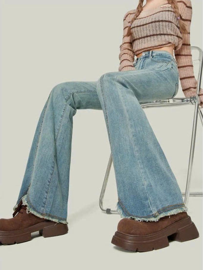 Quần jeans ống loe cạp cao dành cho nữ, thiết kế xẻ thân tua rua gấu cá tính ED10