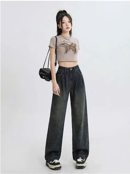 Quần Jeans nữ dáng suông ống rộng xếp ly cạp cao kiểu dáng retro ED08