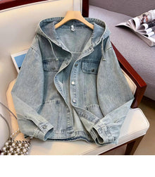 Áo khoác Jeans Denim nữ có mũ tay dài, áo jeans khoác ngoài dáng rộng phong cách ED30