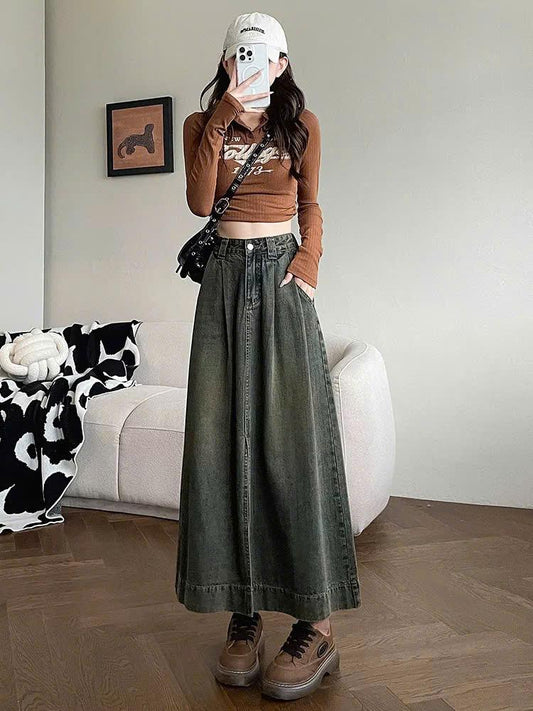 Chân Váy Jean Dáng Dài Cạp Cao Xẻ Tà Xếp Ly Dáng Chữ A Gấu To Cách Điệu Cho Phong Cách Độc Đáo ED50