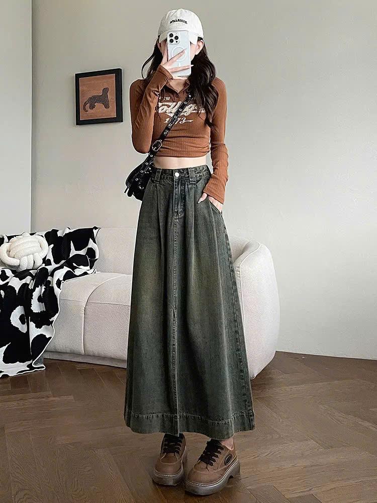 Chân Váy Jean Dáng Dài Cạp Cao Xẻ Tà Xếp Ly Dáng Chữ A Gấu To Cách Điệu Cho Phong Cách Độc Đáo ED50