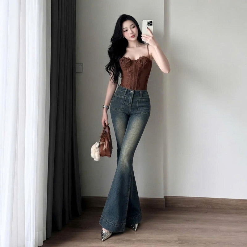 Quần Jean Nữ Cạp Cao Ống Loe Rộng 2 Túi Trước Dáng Ôm Vừa Vặn Quyến Rũ ED32 Phong Cách Sang Trọng