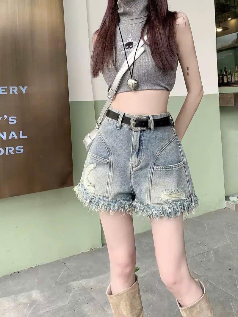 Quần short denim rách tua rua dành cho nữ, quần short jean thiết kế độc đáo cạp cao dáng chữ A ED06
