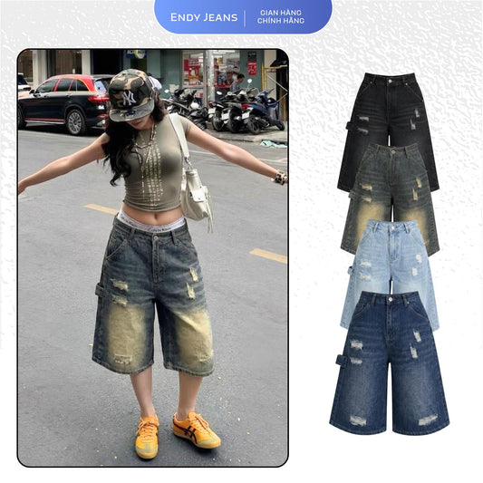 Quần Jean Ngố Lửng Nữ Lưng Cao Cào Rách ED19, Phong Cách Thời Trang