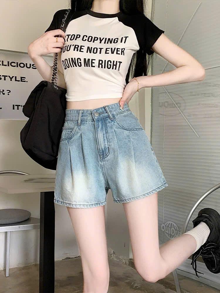 Quần short jeans lưng cao thiết kế xếp ly và thời trang dành cho nữ mùa hè ED11