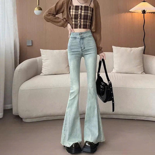 Quần jean nữ ống loe tua gấu cạp cao 2 khuy co giãn ED24