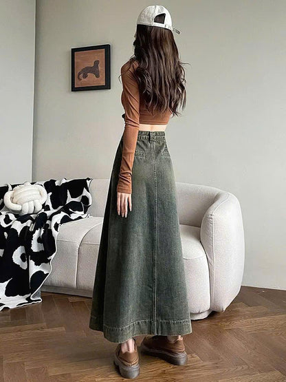 Chân Váy Jean Dáng Dài Cạp Cao Xẻ Tà Xếp Ly Dáng Chữ A Gấu To Cách Điệu Cho Phong Cách Độc Đáo ED50