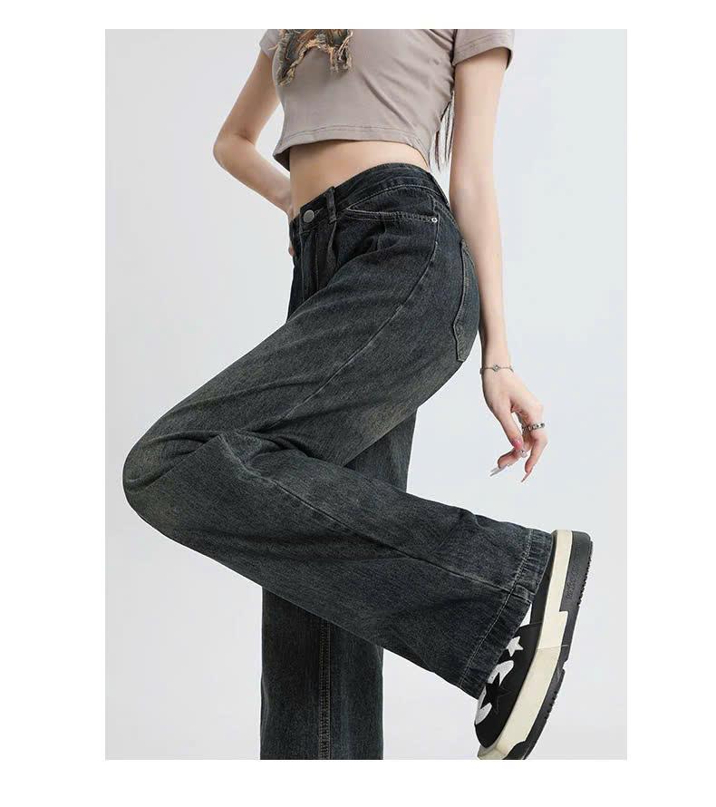Quần Jeans nữ dáng suông ống rộng xếp ly cạp cao kiểu dáng retro ED08