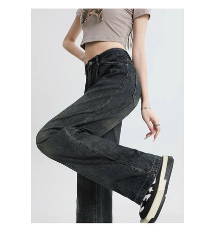 Quần Jeans nữ dáng suông ống rộng xếp ly cạp cao kiểu dáng retro ED08