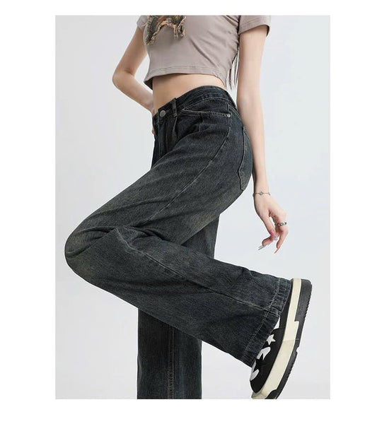 Quần Jeans nữ dáng suông ống rộng xếp ly cạp cao kiểu dáng retro ED08