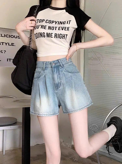 Quần short jeans lưng cao thiết kế xếp ly và thời trang dành cho nữ mùa hè ED11