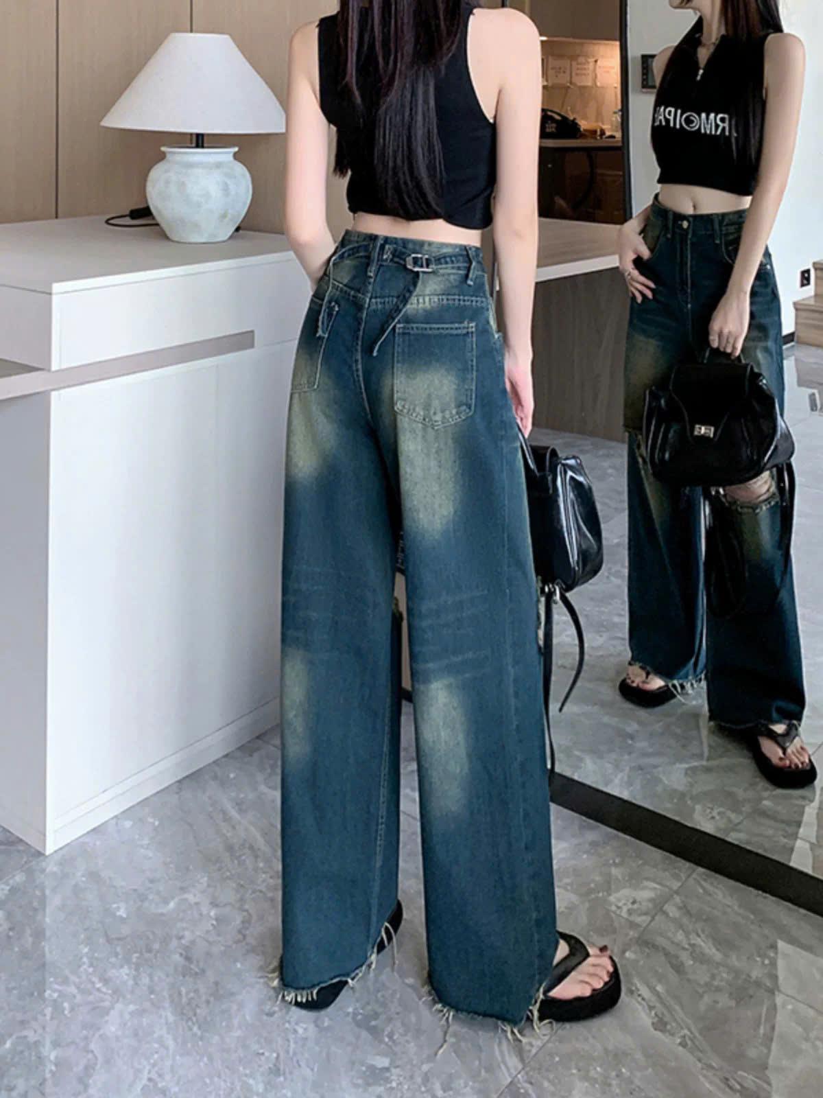 Quần Jean Ống Suông Rách Gối Thời Trang Tua Gấu Phong Cách Cá Tính ED20 cho Nữ