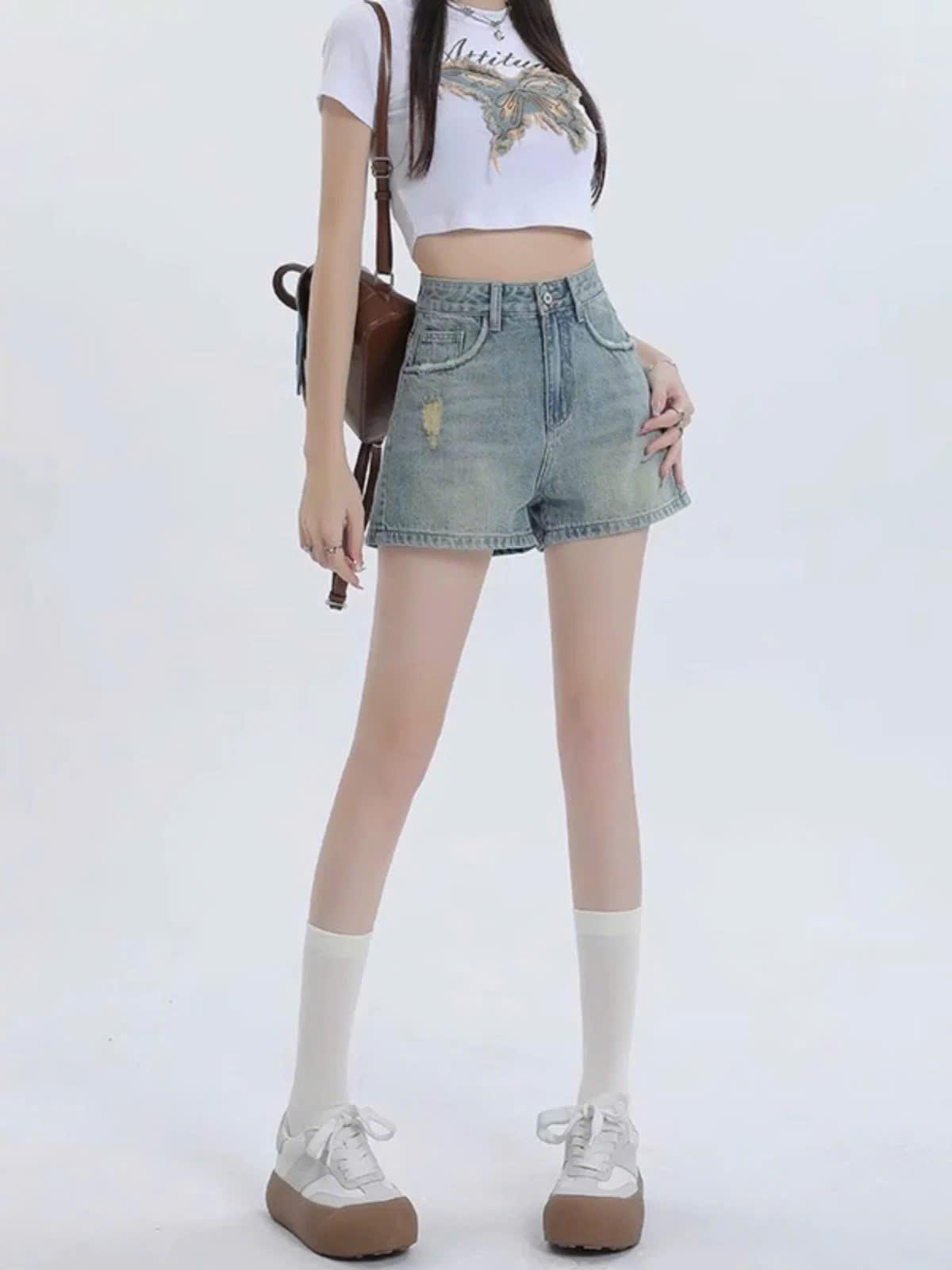 Quần short nữ jean lưng cao thời trang rách túi ED13 - Thiết kế trẻ trung năng động & Chất liệu bền đẹp phù hợp nhiều phong cách